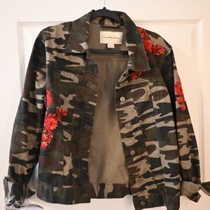 Pilcro and the Letterpress Camo Jacket with Red Floral Design